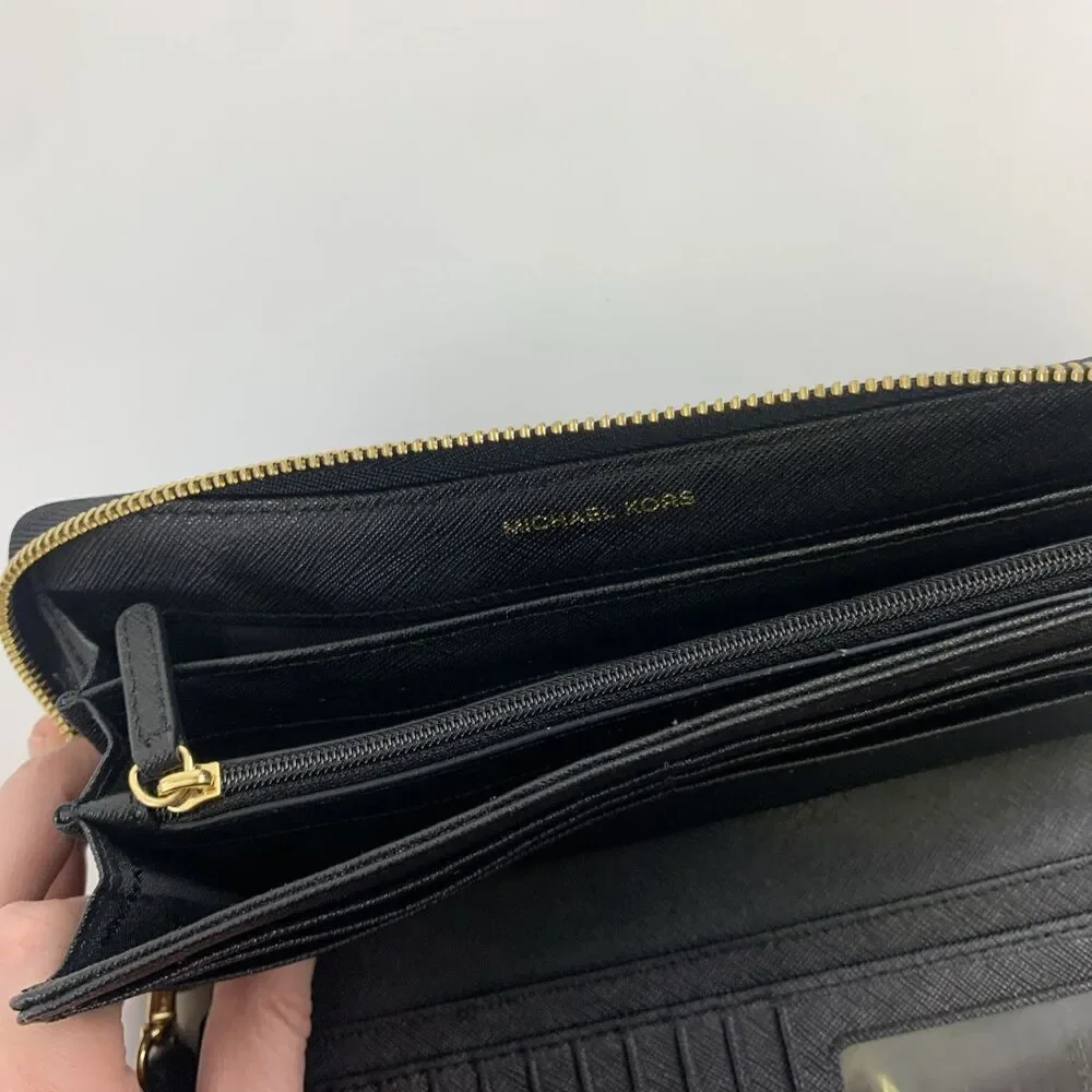 Michael Kors Leather Continental Wristlet Mercer Black Pebbled Wallet Zip Around